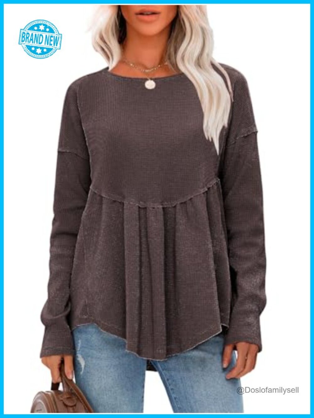 Waffle Knit Long Sleeve Tunic Top Crewneck Loose Fit Babydoll Maternity